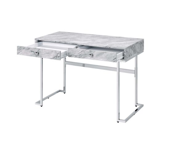 Tigress White Printed Faux Marble Top & Chrome Finish Writing Desk