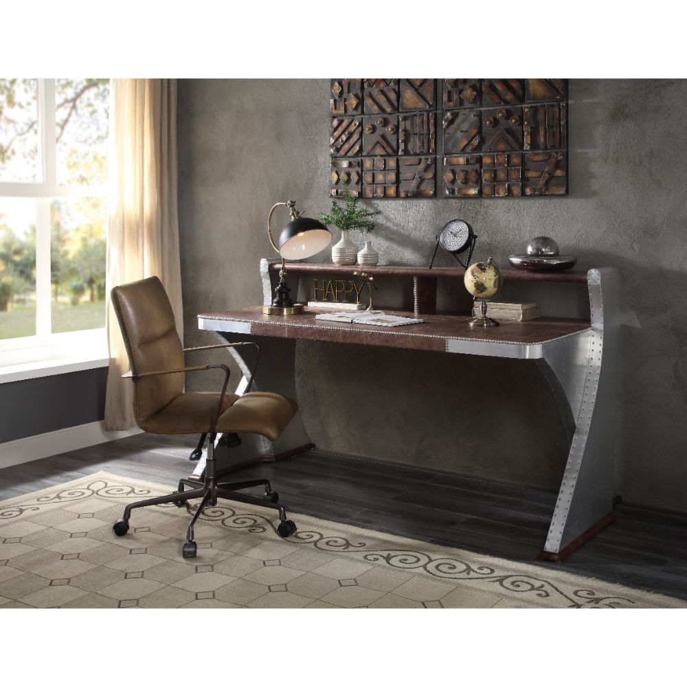 Brancaster Retro Brown Top Grain Leather & Aluminum Desk