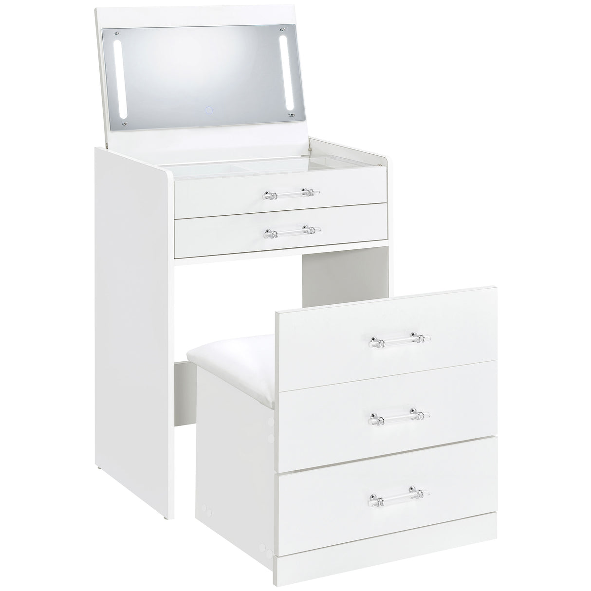 Danbury White High Gloss 3-Drawer Makeup Vanity & Stool Set