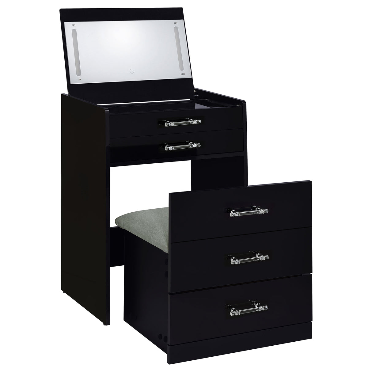 Danbury Black High Gloss 3-Drawer Makeup Vanity & Stool Set