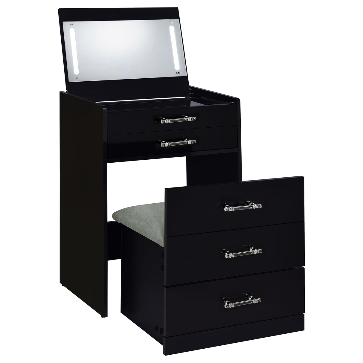 Danbury Black High Gloss 3-Drawer Makeup Vanity & Stool Set