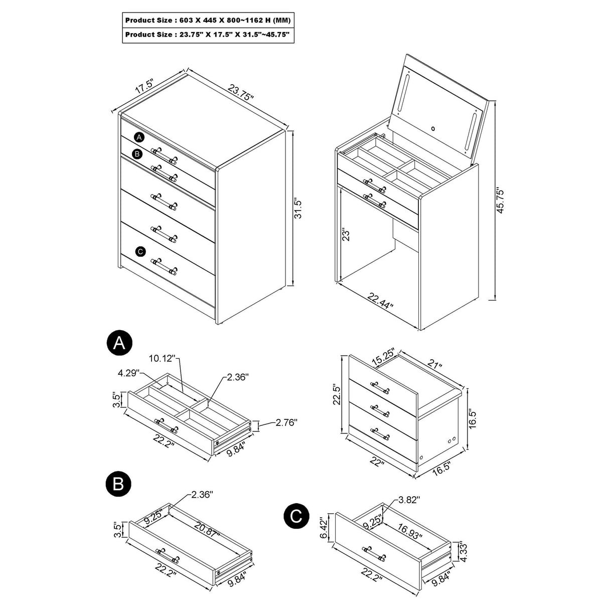 Danbury Black High Gloss 3-Drawer Makeup Vanity & Stool Set