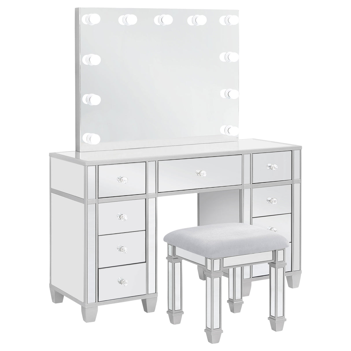 Allora Metallic Silver 9-Drawer Vanity Set With Lighting