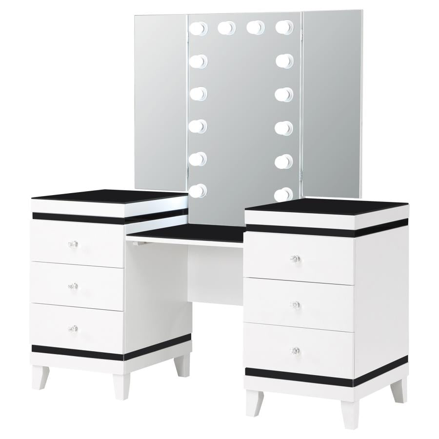 Talei White 6-Drawer Vanity Set With Lighting Black And