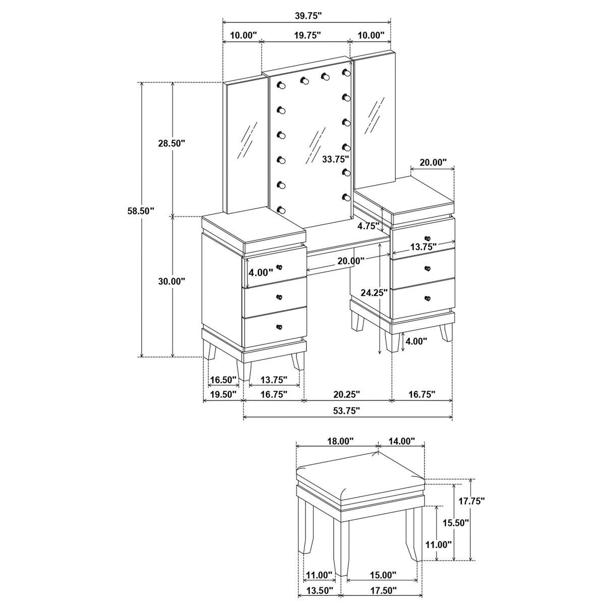 Talei White 6-Drawer Vanity Set With Lighting Black And