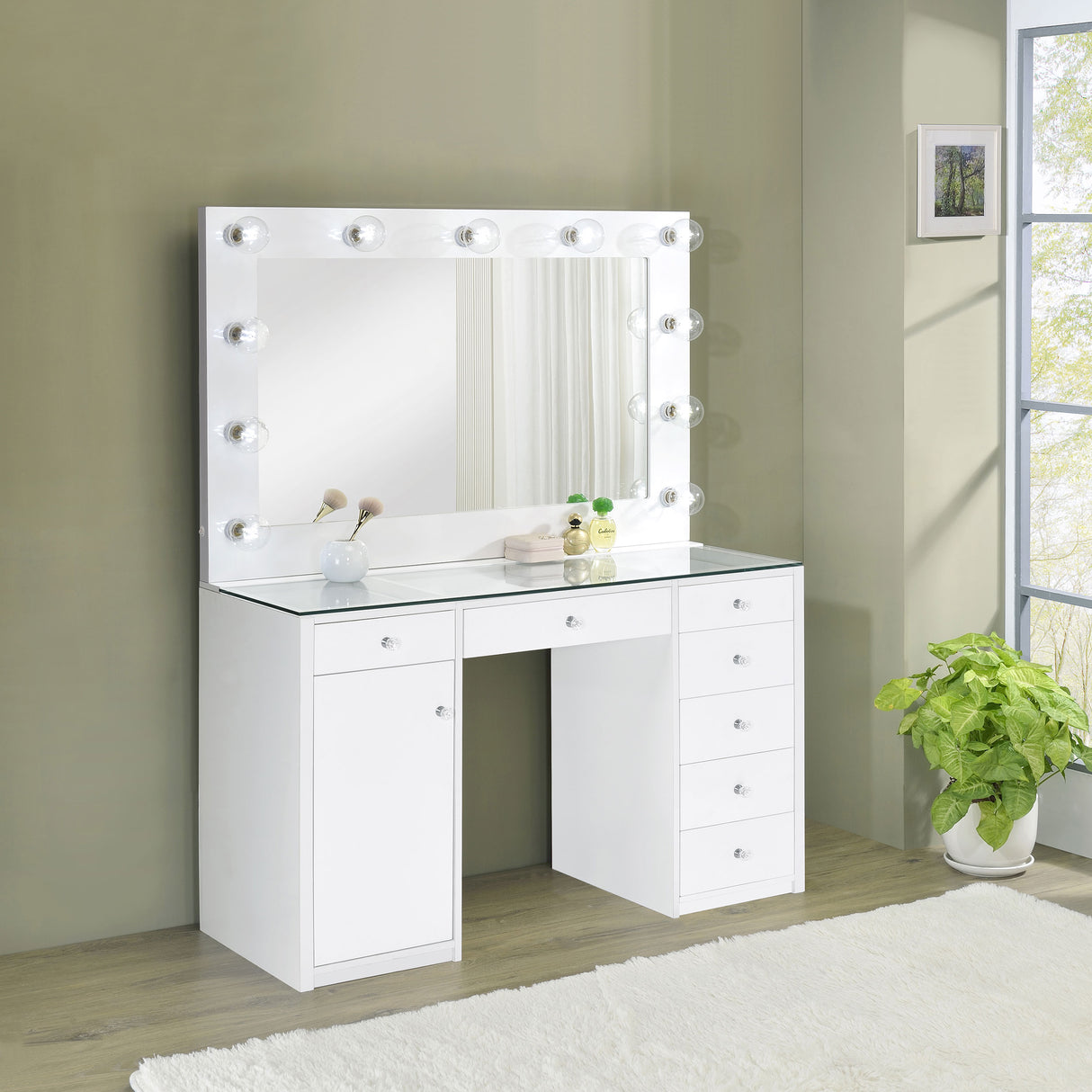 Acena White High Gloss 7-Drawer Vanity Set With Lighting