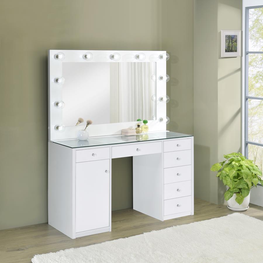 Acena White High Gloss 7-Drawer Vanity Set With Lighting