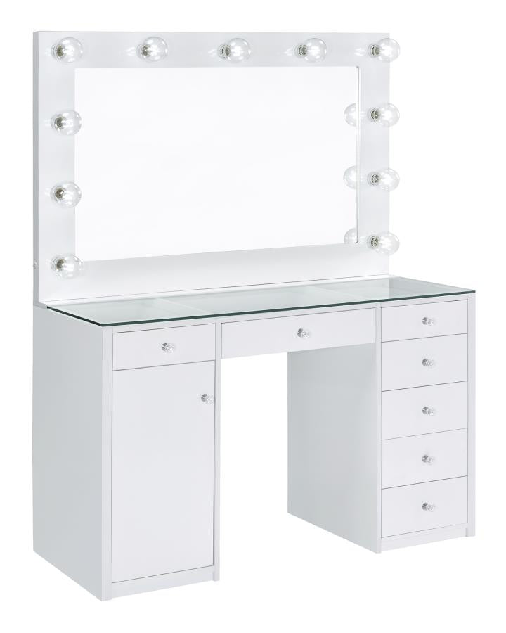 Acena White High Gloss 7-Drawer Vanity Set With Lighting