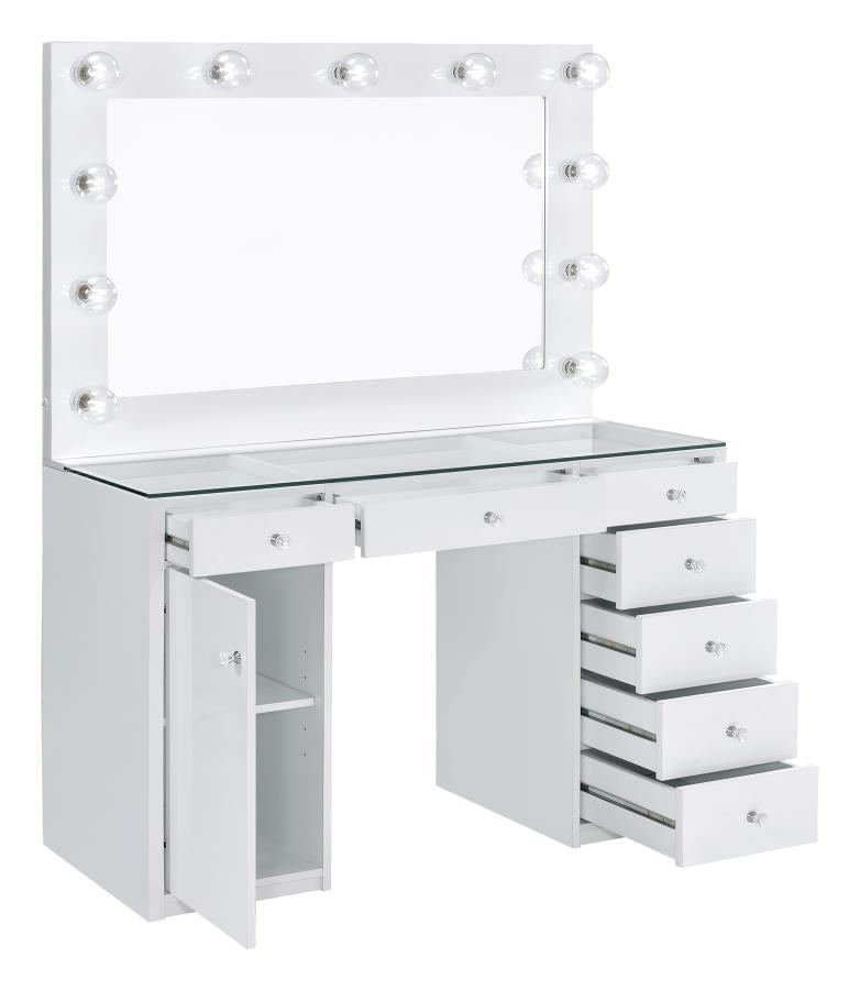 Acena White High Gloss 7-Drawer Vanity Set With Lighting