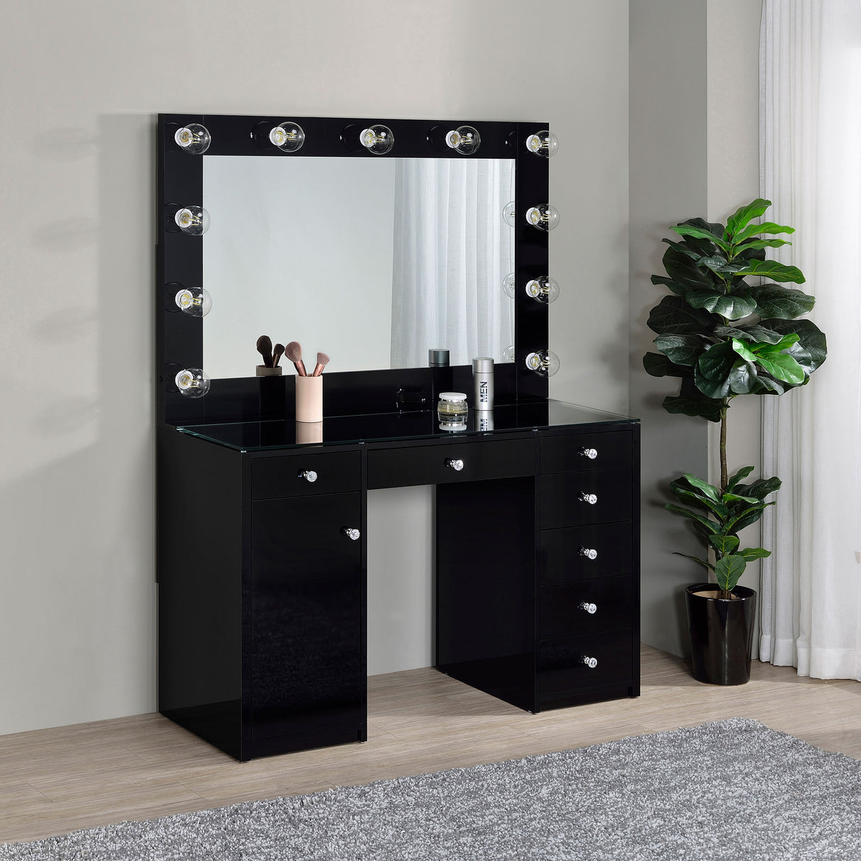 Acena Black High Gloss 7-Drawer Vanity Set With Lighting