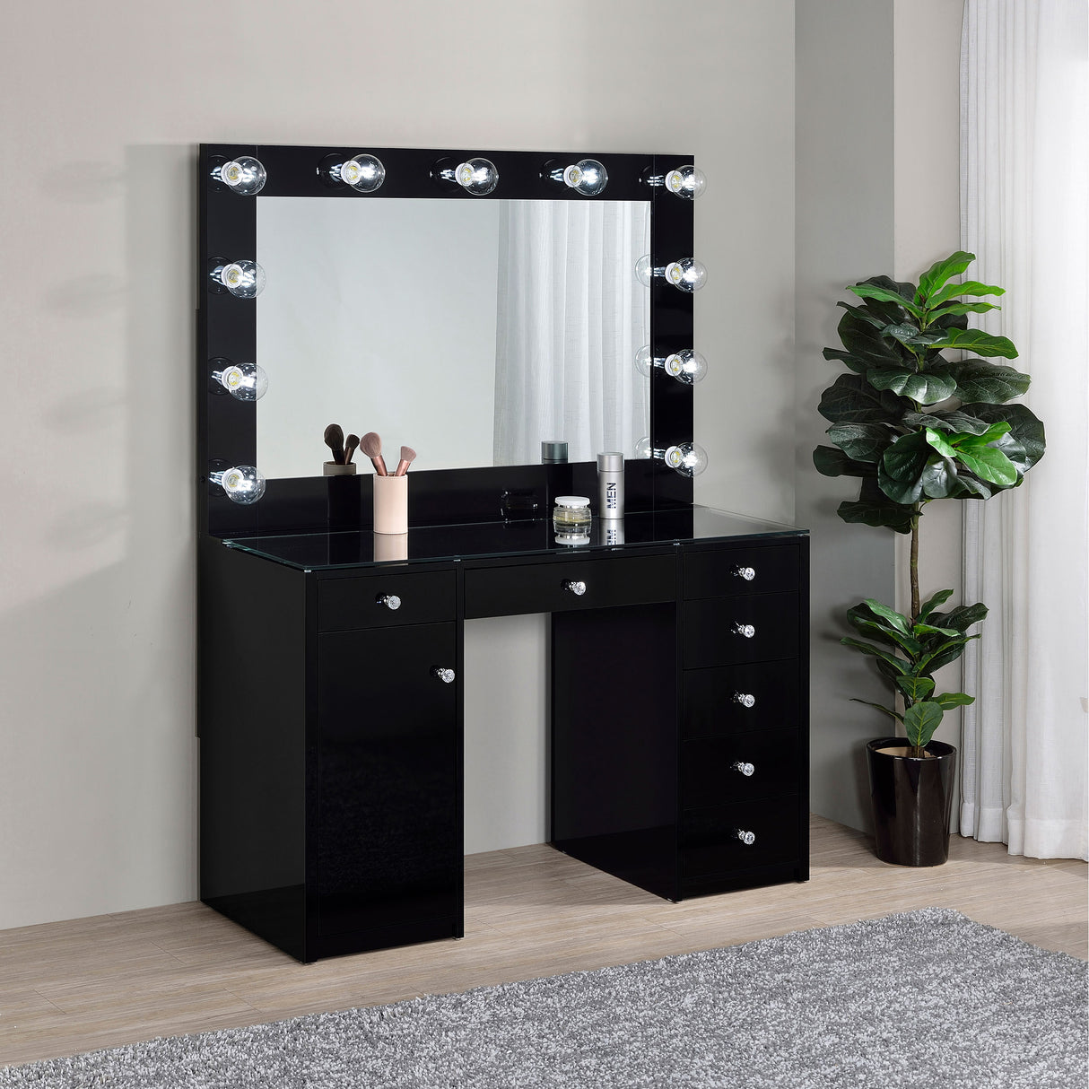 Acena Black High Gloss 7-Drawer Vanity Set With Lighting