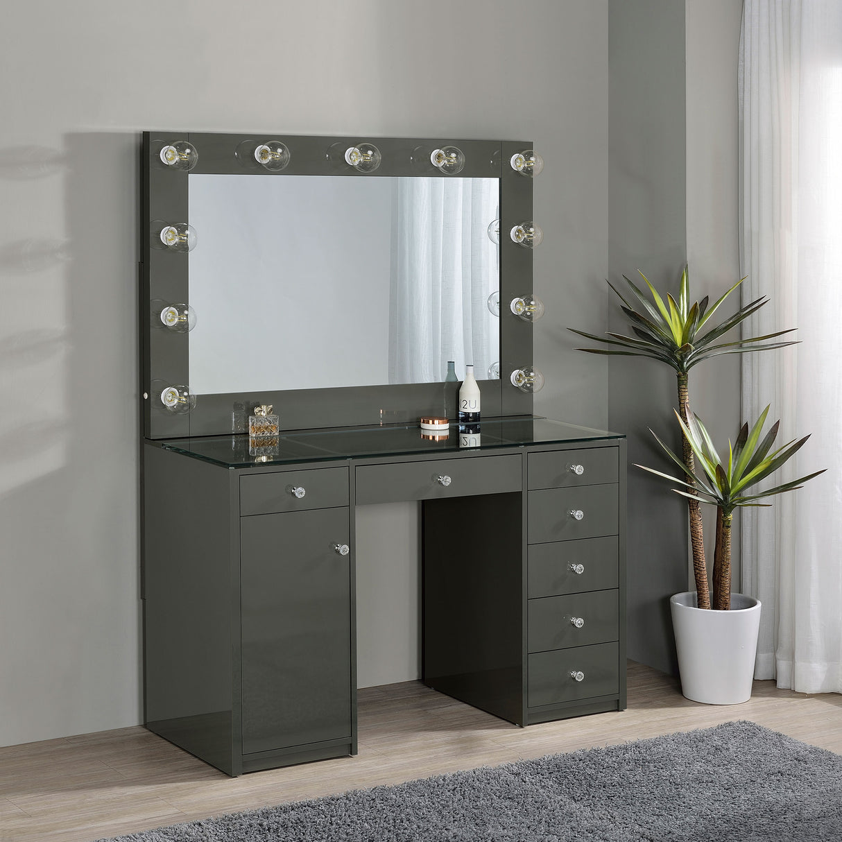 Acena Grey High Gloss 7-Drawer Vanity Set With Lighting