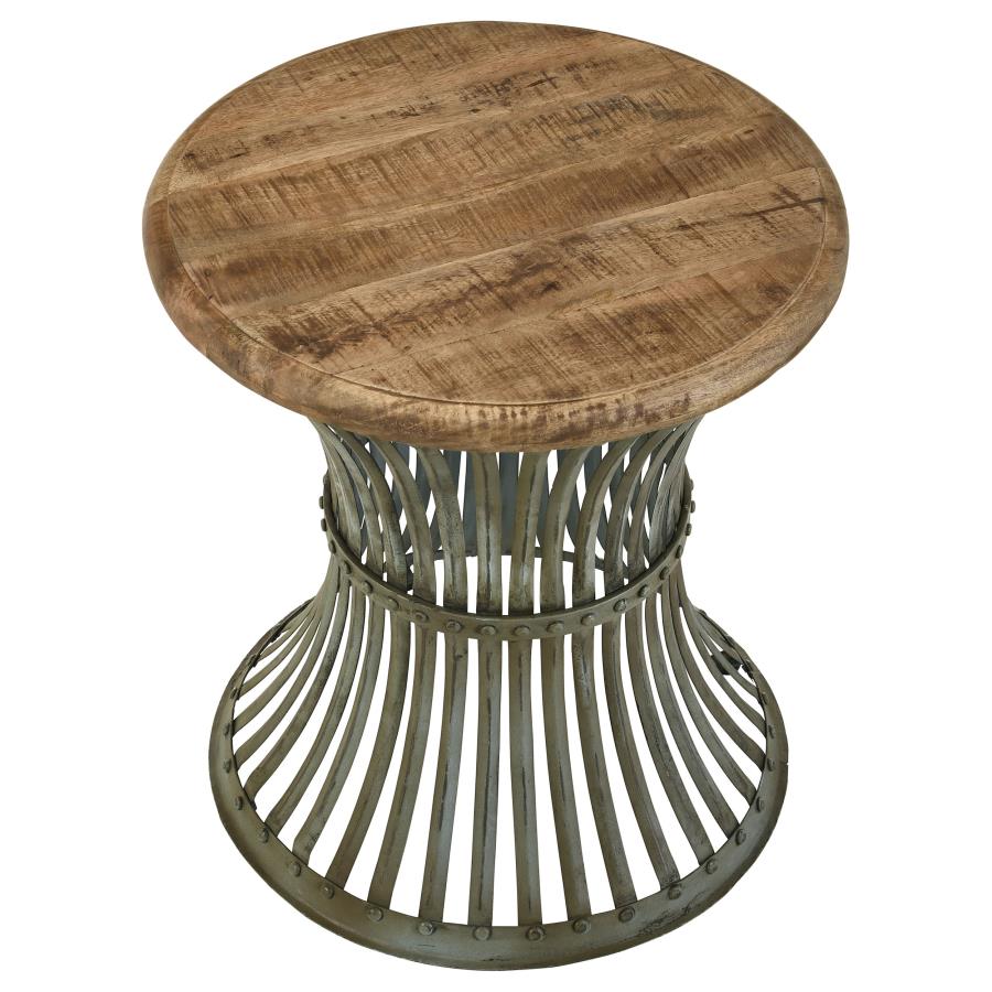 Matyas Round Accent Table With Natural Top And Blue Distressed Base