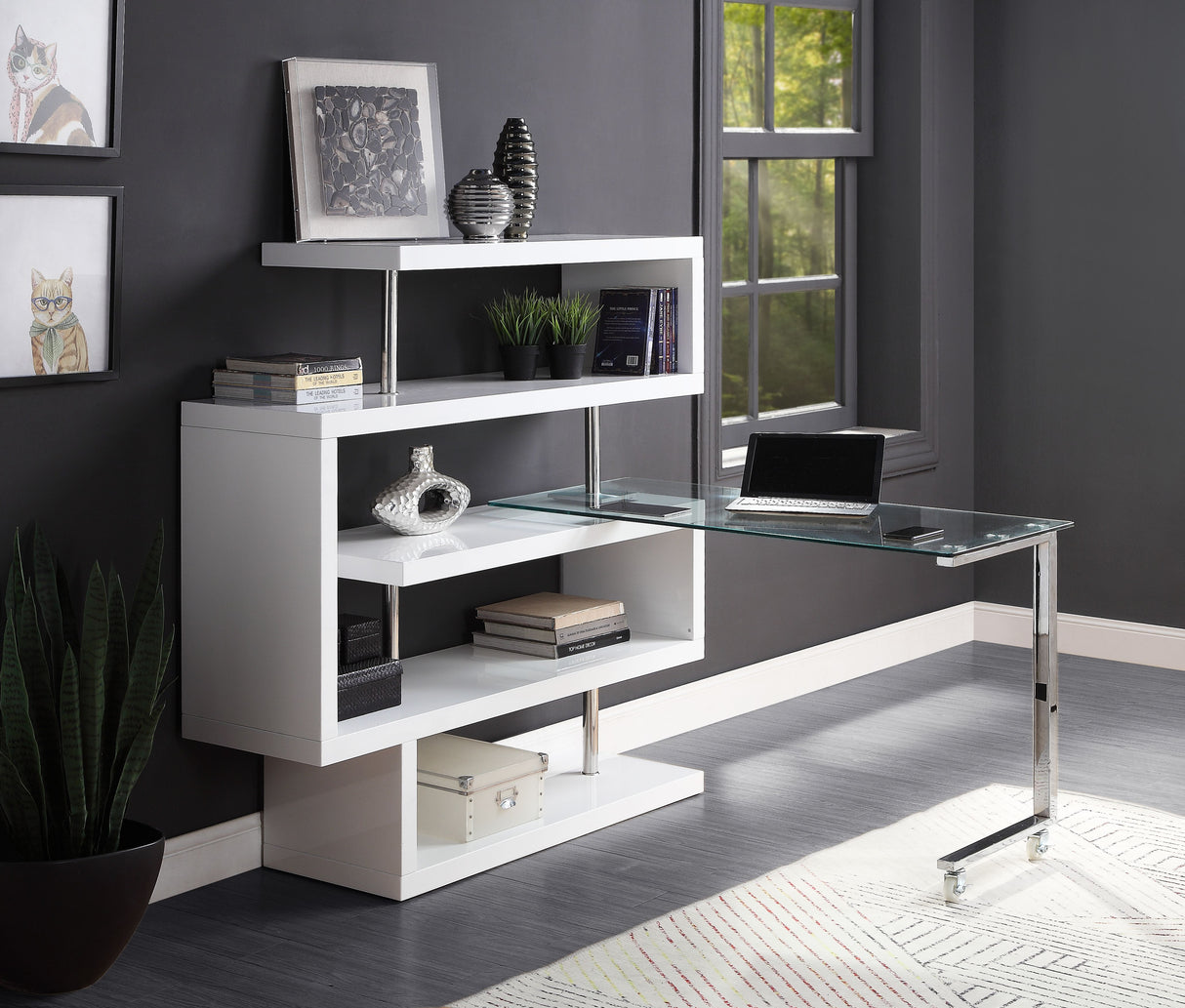 Raceloma Clear Glass, Chrome & White High Gloss Finish Writing Desk