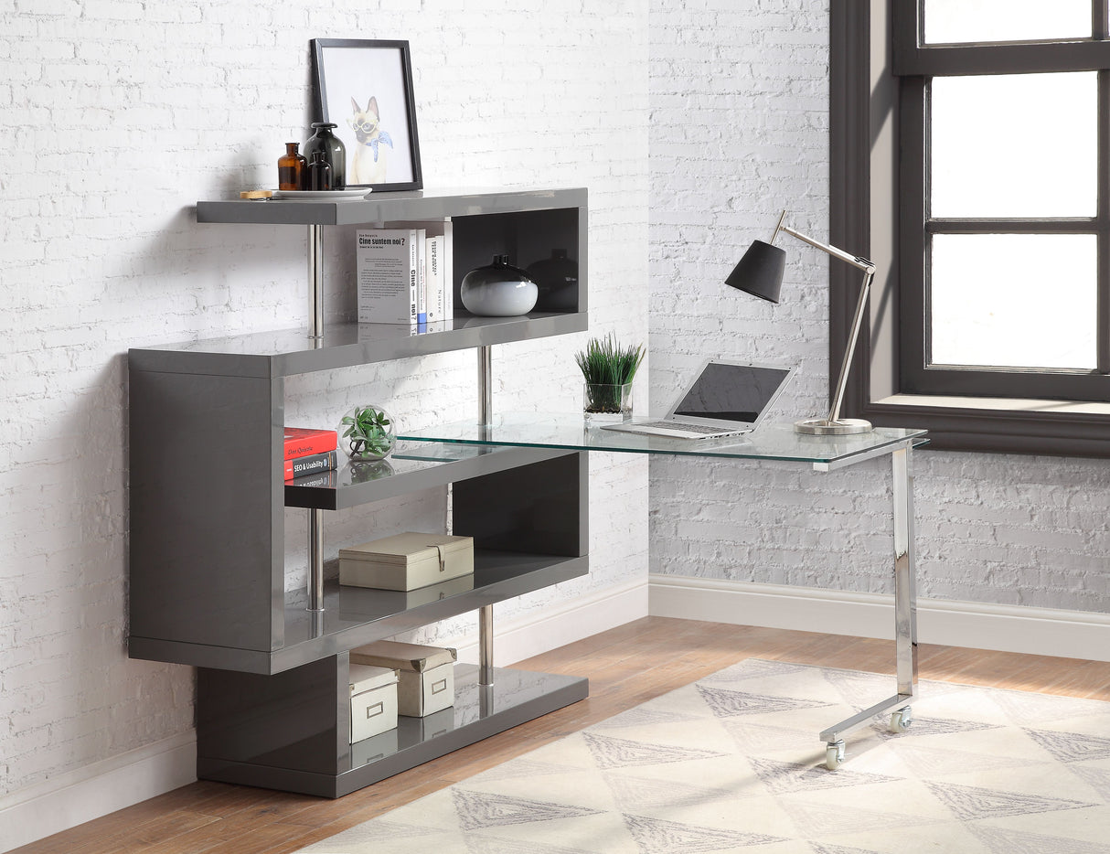 Raceloma Clear Glass, Chrome & Gray High Gloss Finish Writing Desk