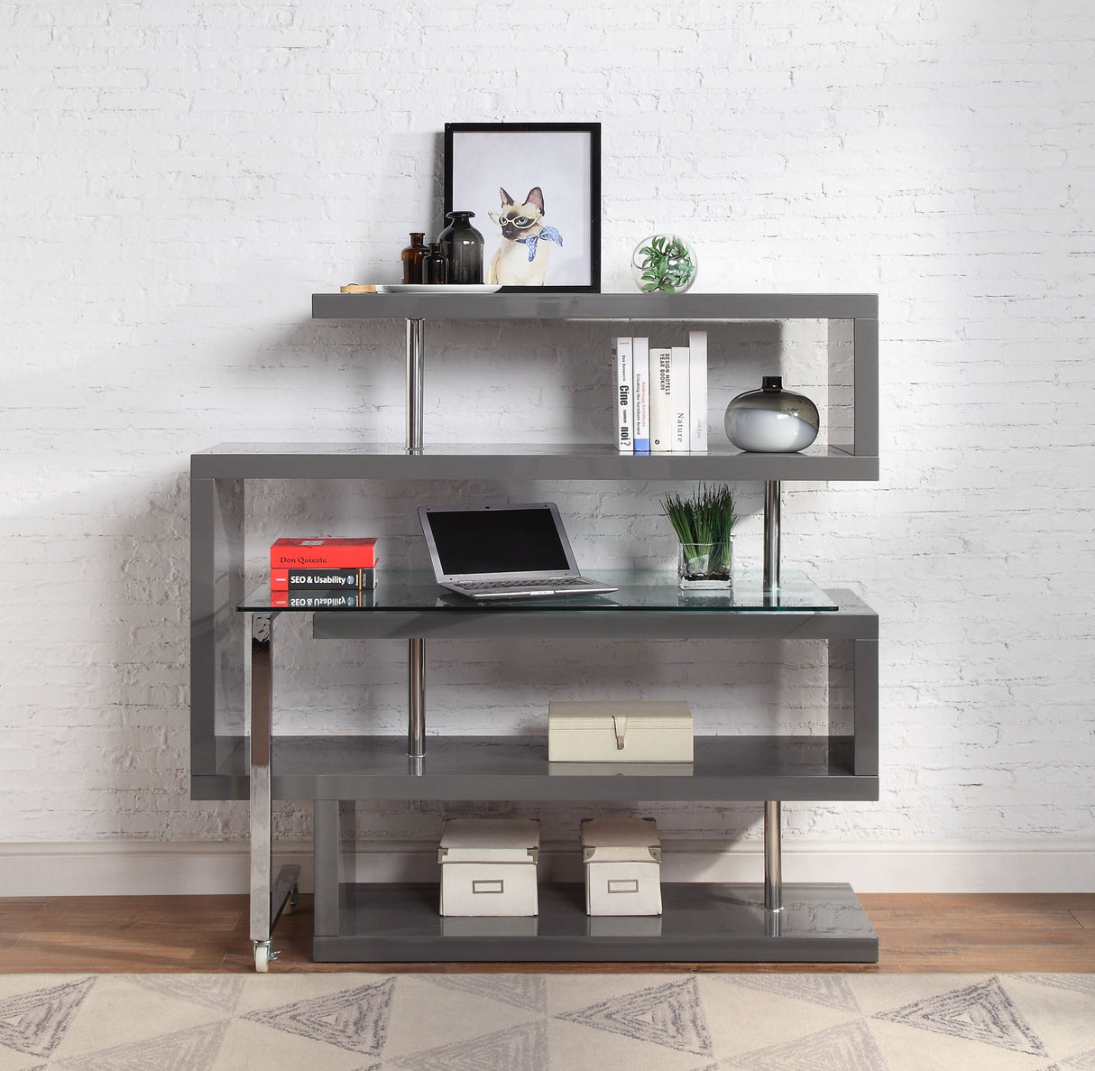 Raceloma Clear Glass, Chrome & Gray High Gloss Finish Writing Desk