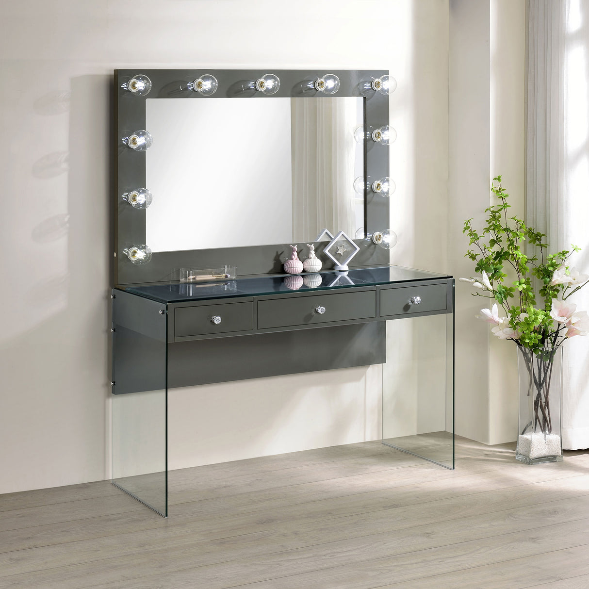 Afshan Grey High Gloss 3-Drawer Vanity Set With Lighting