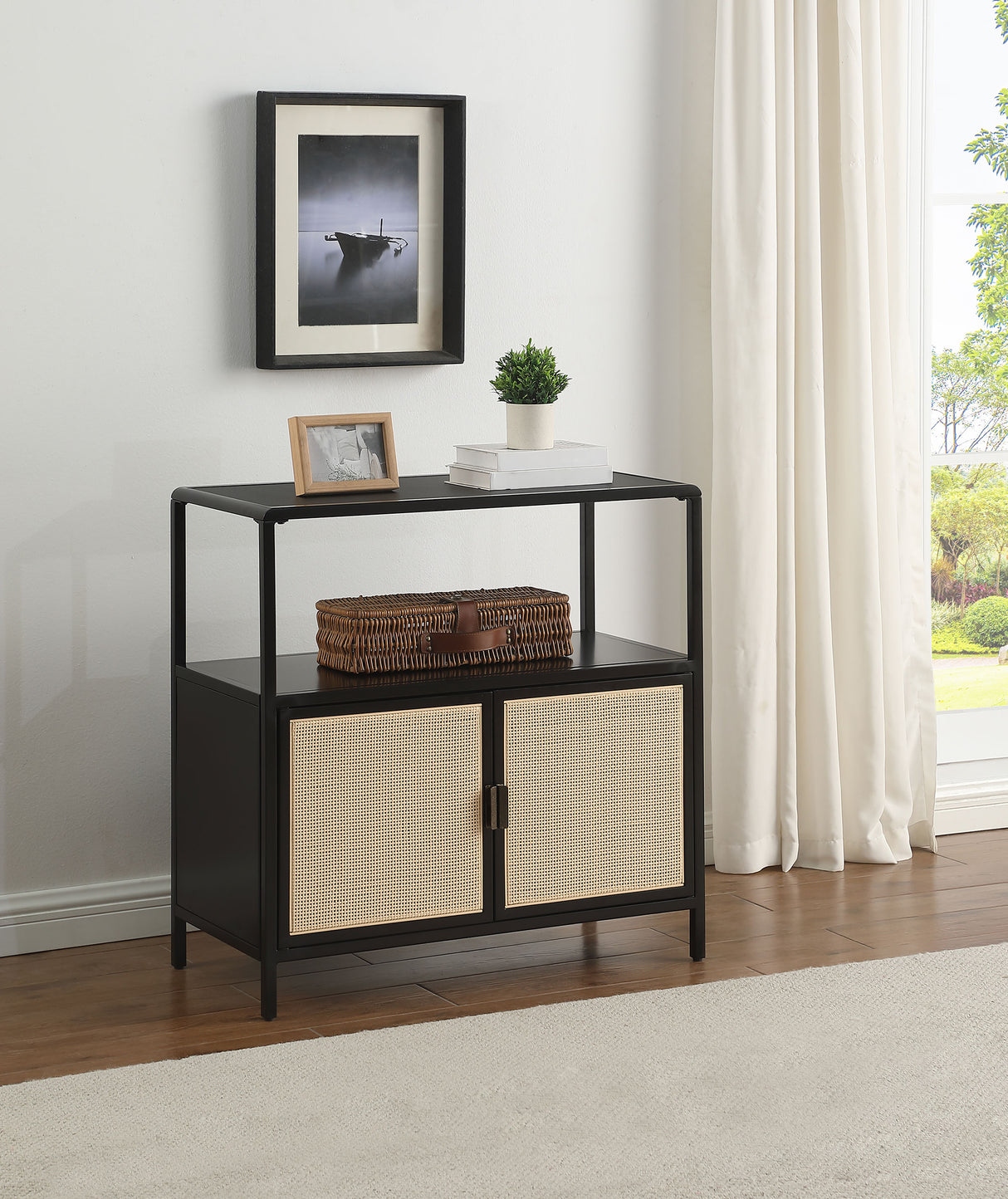 Amherst Black 2-Door Radio Weave Cane Metal Accent Cabinet