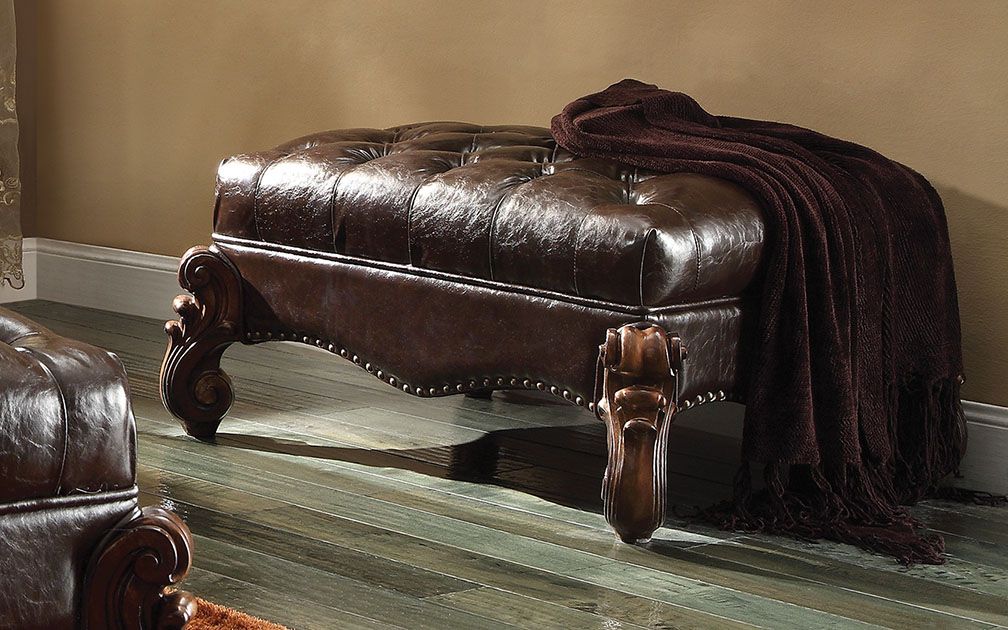 Versailles Two Tone Dark Brown Synthetic Leather & Cherry Oak Finish Ottoman