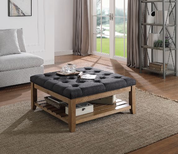 Aizen Dark Gray Fabric & Weathered Oak Finish Ottoman