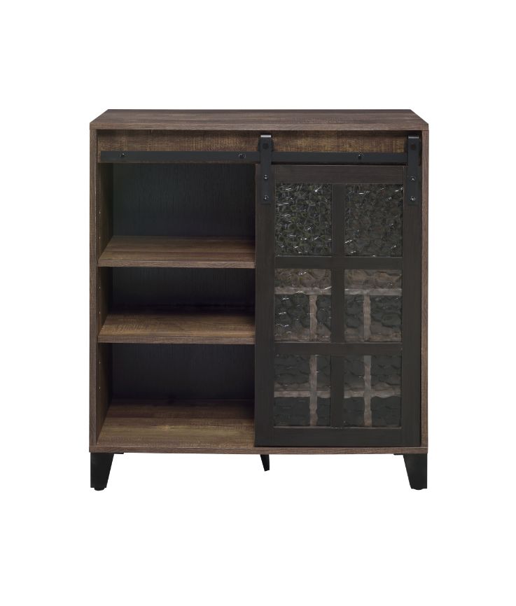 Treju Obscure Glass, Rustic Oak & Black Finish Wine Cabinet