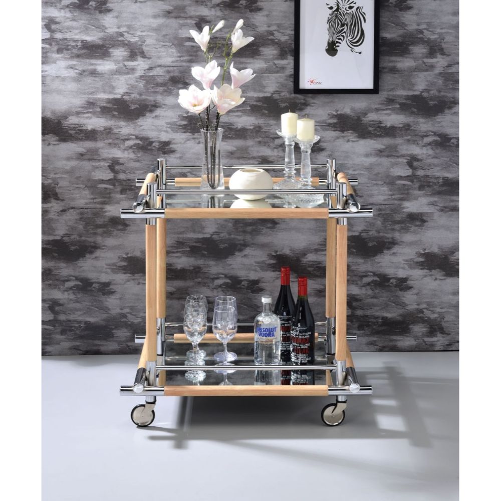 Mylandra Mirrored, Chrome & Natural Finish Serving Cart