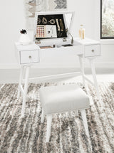 Thadamere White Vanity With Stool