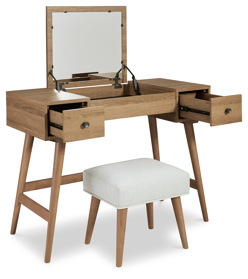 Thadamere Light Brown Vanity With Stool