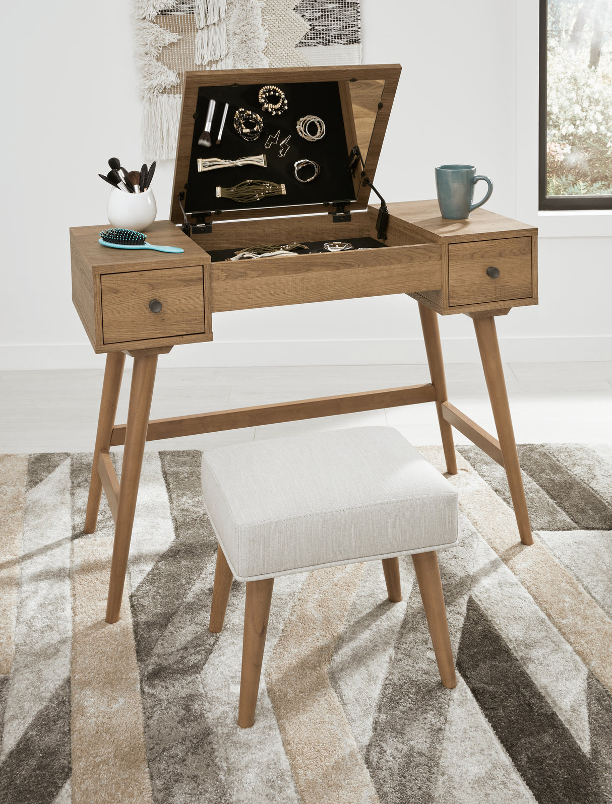 Thadamere Light Brown Vanity With Stool