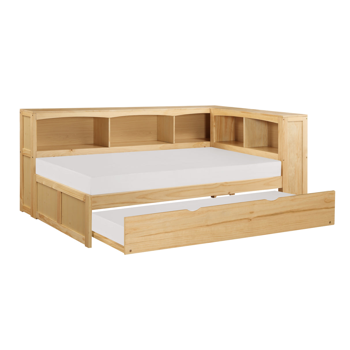 Bartly Natural Pine Twin Bookcase Corner Bed With Trundle