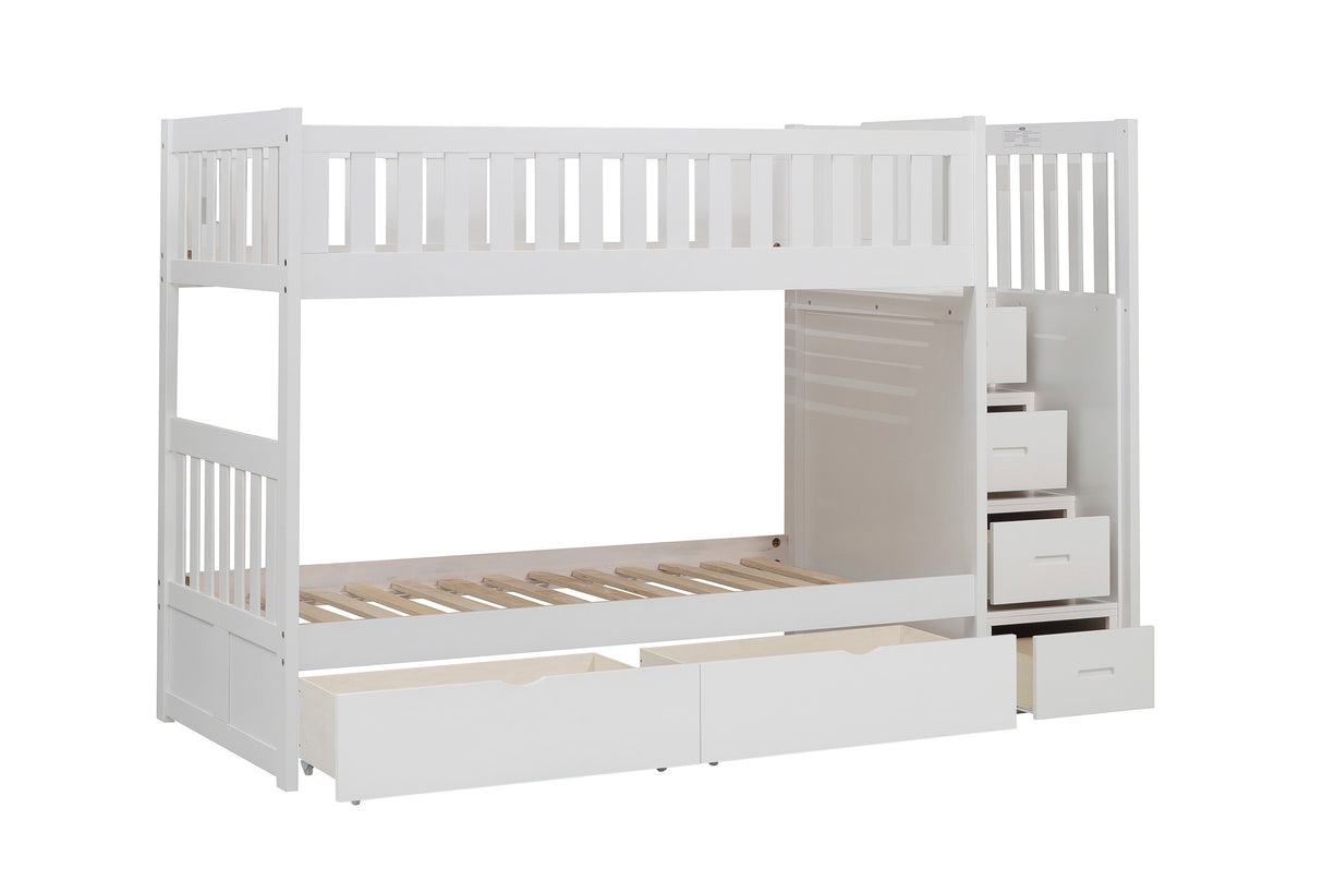 Galen White Twin/Twin Step Bunk Bed With Storage Boxes