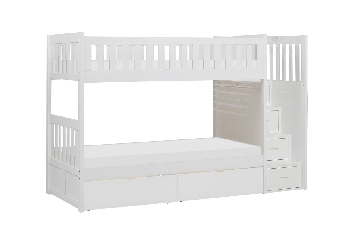 Galen White Twin/Twin Step Bunk Bed With Storage Boxes