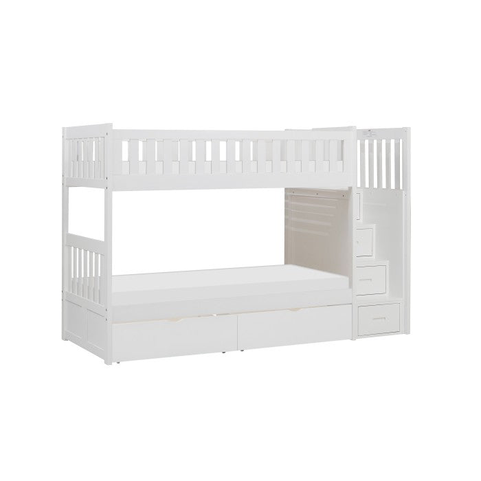 Galen White Twin/Twin Step Bunk Bed With Storage Boxes