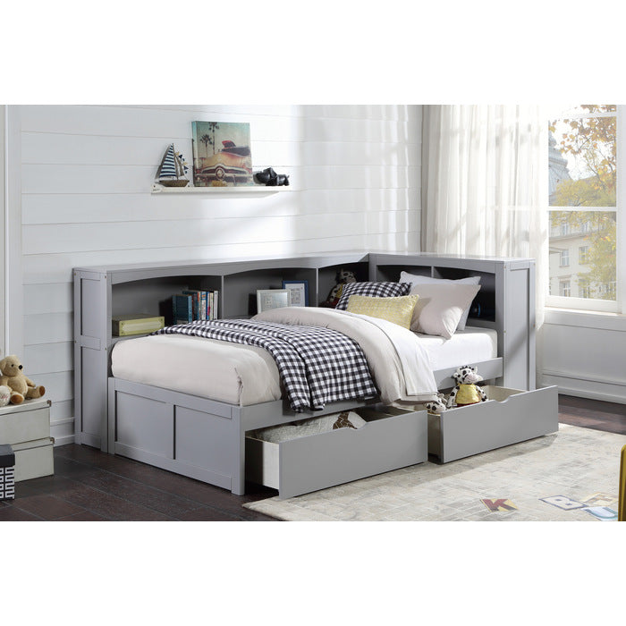 Orion Gray Twin Bookcase Corner Bed With Storage Boxes