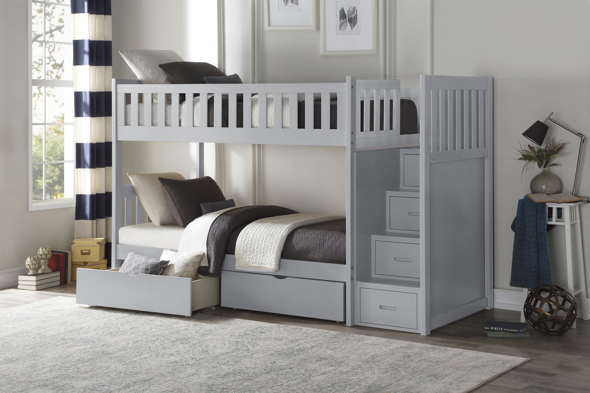 Orion Gray Twin/Twin Step Bunk Bed With Storage Boxes