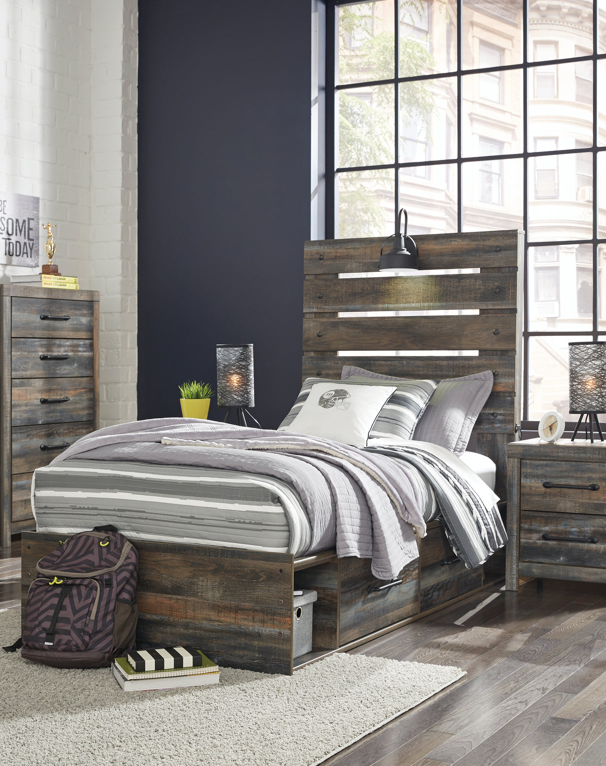 Drystan Twin Panel Bed with 4 Storage Drawers