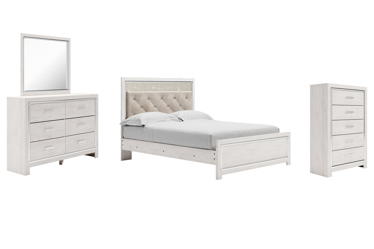 Altyra Queen Upholstered Panel Bed, Dresser, Mirror, and Chest