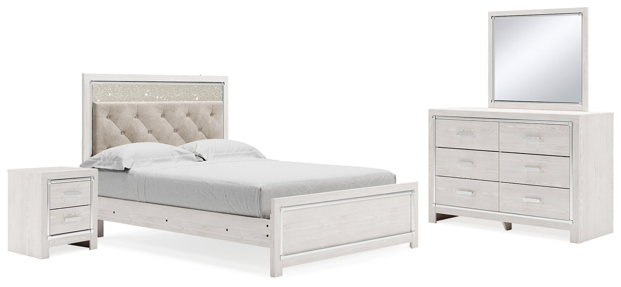 Altyra Queen Upholstered Panel Bed, Dresser, Mirror, and Nightstand