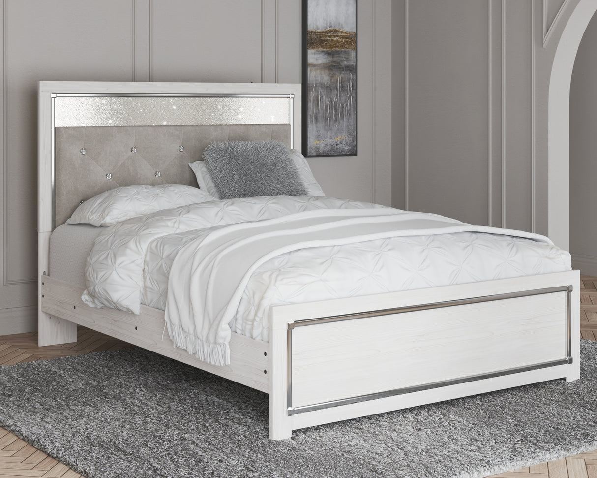 Altyra Queen Upholstered Panel Bed, Dresser, Mirror, and Nightstand