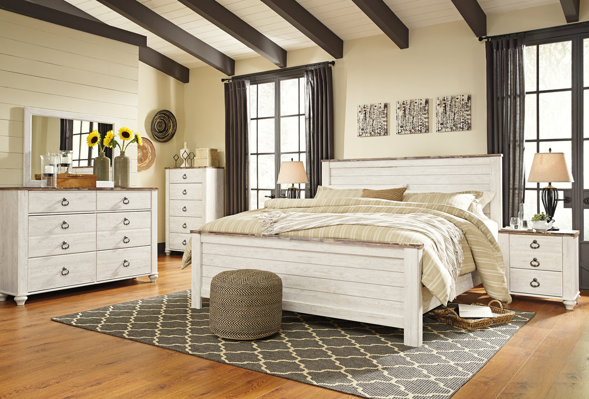 Willowton King Panel Bed, Dresser, Mirror, and Nightstand