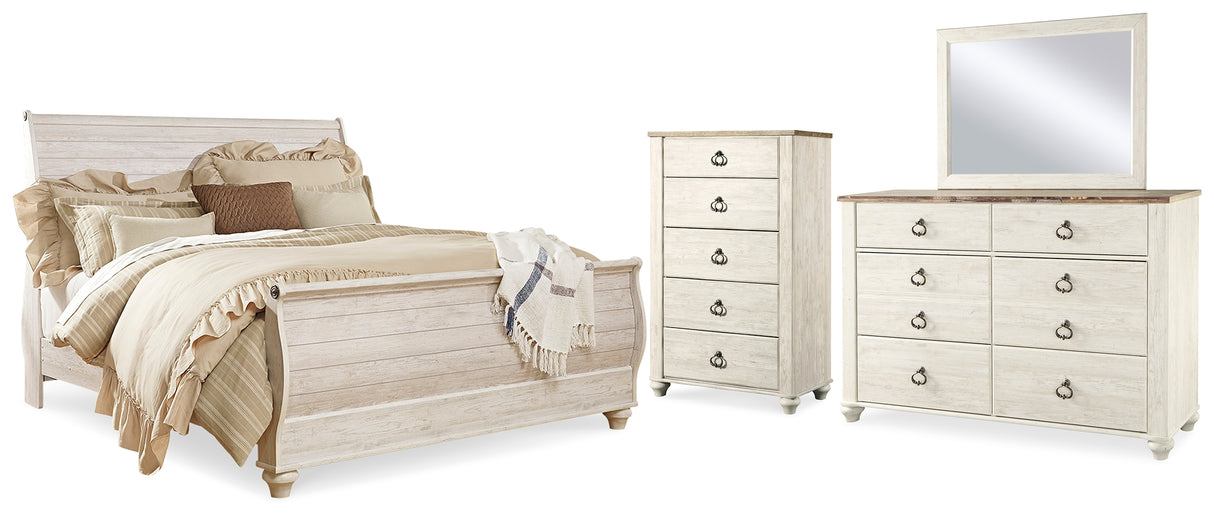 Willowton King Sleigh Bed, Dresser, Mirror and Chest