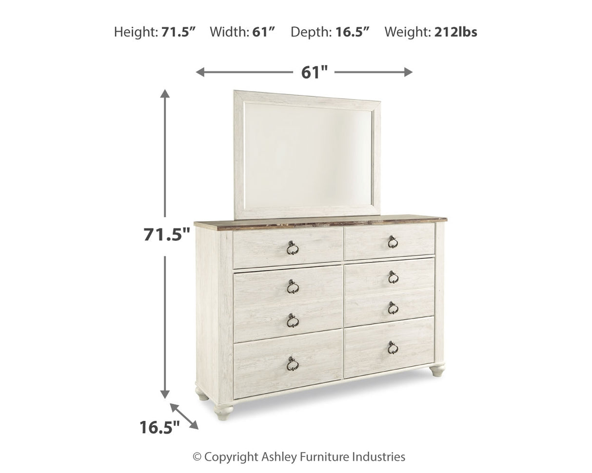 Willowton Full Panel Bed, Dresser, Mirror, 2 Chests and nightstand