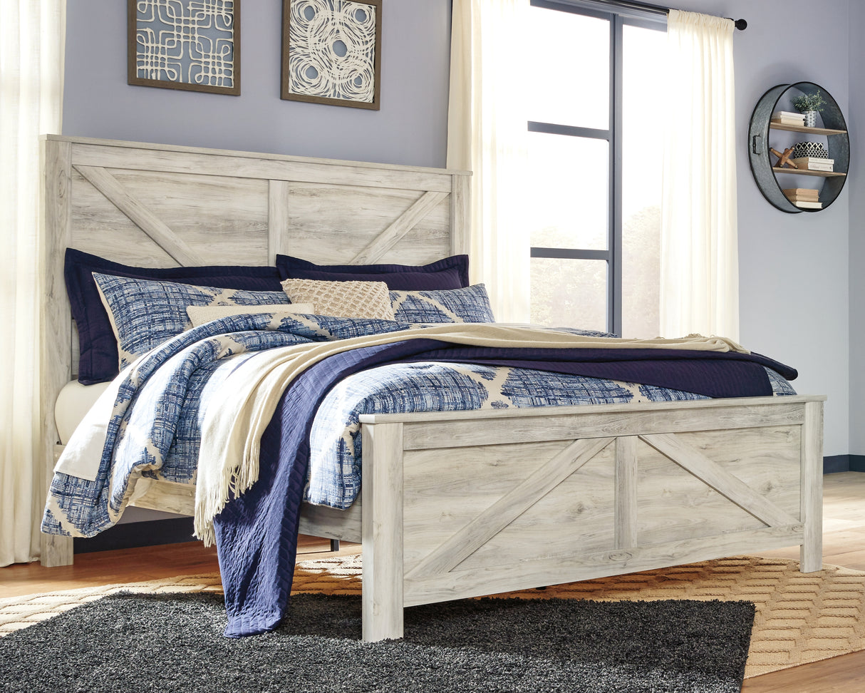 Bellaby King Crossbuck Panel Bed, Dresser, Mirror, and Nightstand