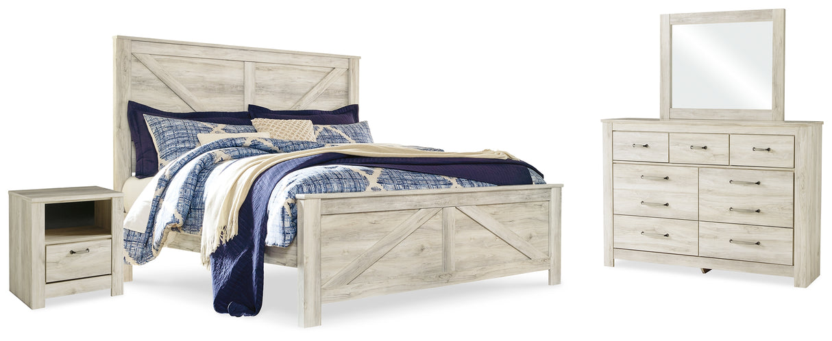 Bellaby King Crossbuck Panel Bed, Dresser, Mirror, and Nightstand