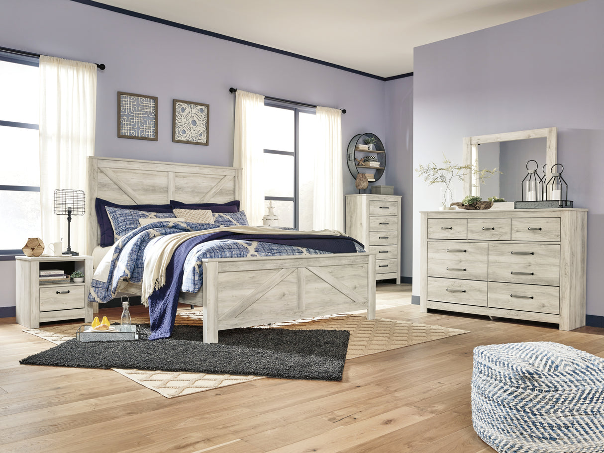 Bellaby King Crossbuck Panel Bed, Dresser, Mirror, and Nightstand