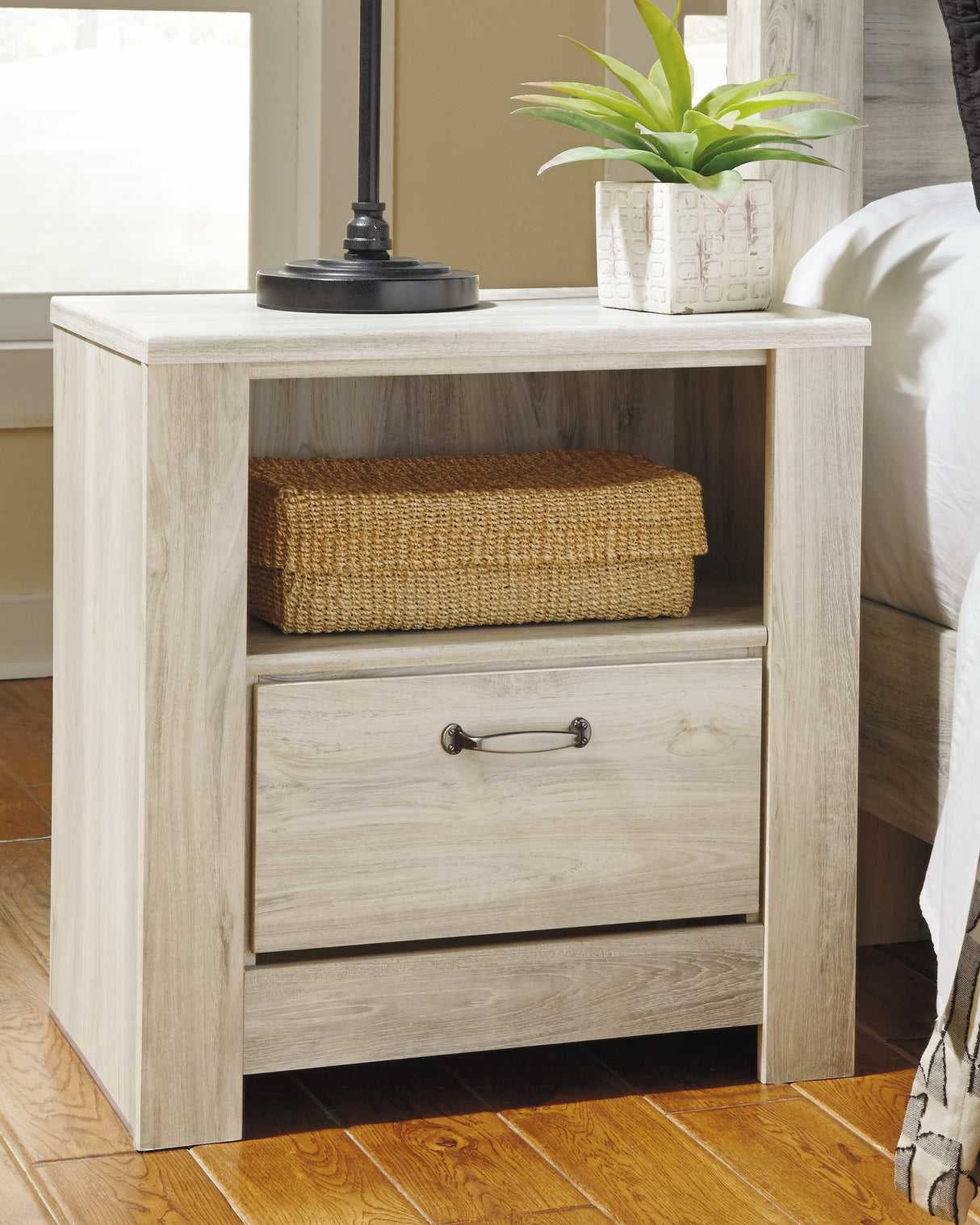 Bellaby King Crossbuck Panel Bed, Dresser, Mirror, and Nightstand