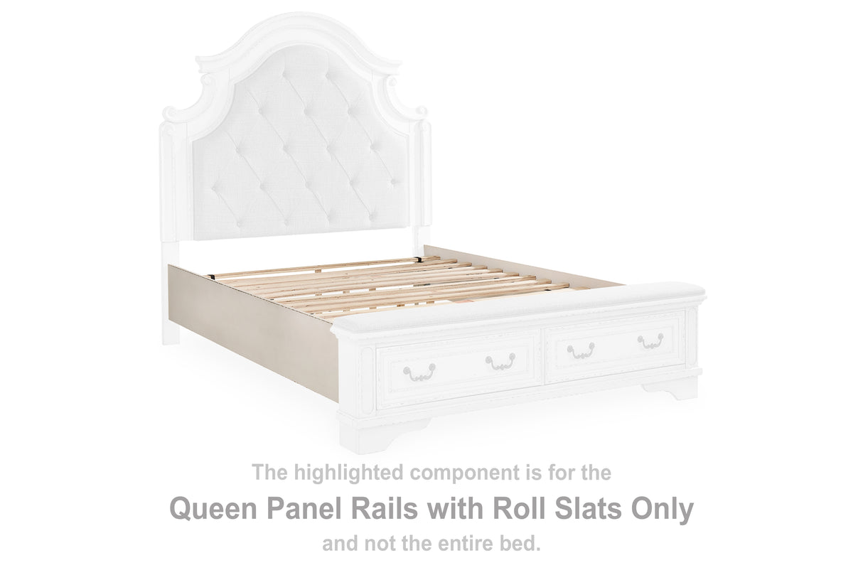 Realyn Chipped White Queen Panel Rails With Roll Slats