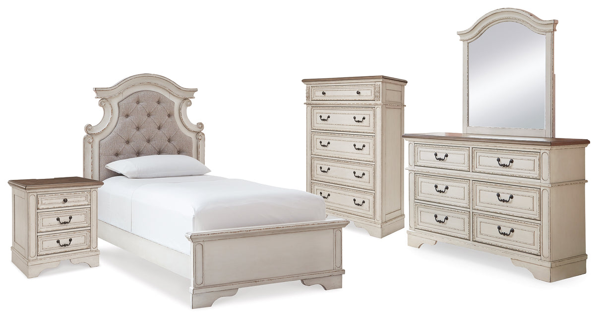 Realyn Twin Panel Bed, Dresser, Mirror, Chest and Nightstand