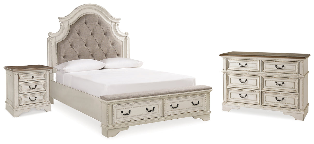 Realyn Queen Upholstered Panel Bed with Storage, Dresser and Nightstand