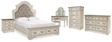 Realyn Two-Tone Queen Upholstery Panel Bed, Dresser, Chest, Nightstand, And Vanity Set